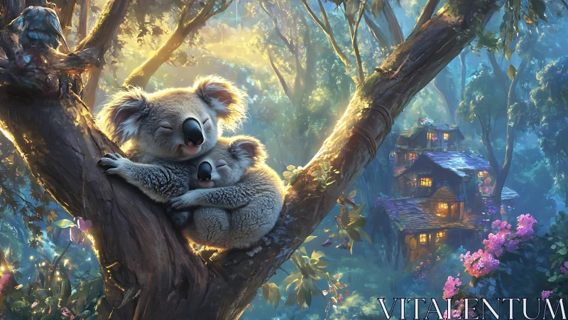 Two koalas sleep on tree branch above lit forest houses