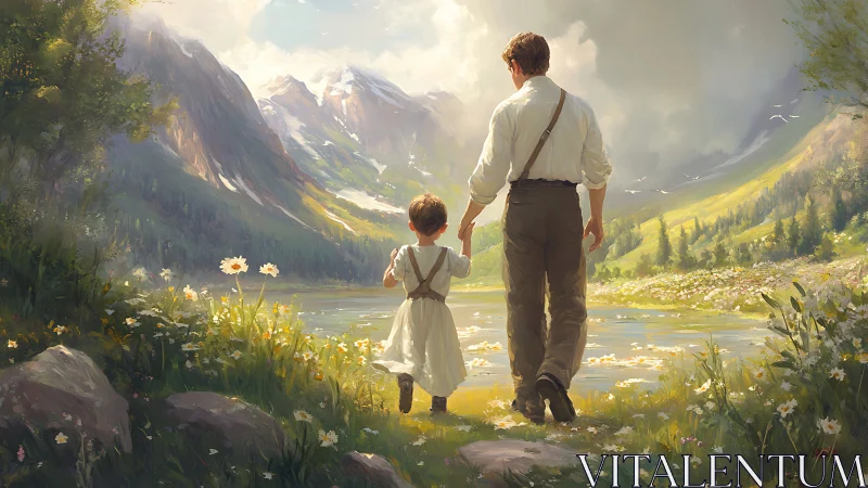 Backlit father and child walking toward alpine lake meadow