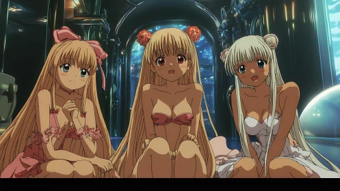 Three anime girls sit in ornate futuristic interior space