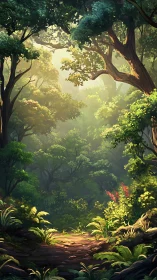 Forest pathway with illuminated canopy and yellow flowers in undergrowth.