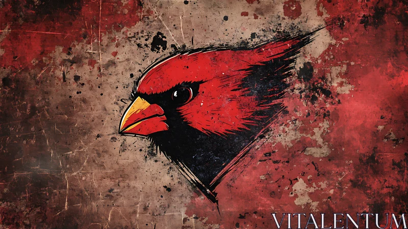 Cardinal head bursts from grunge textured red field