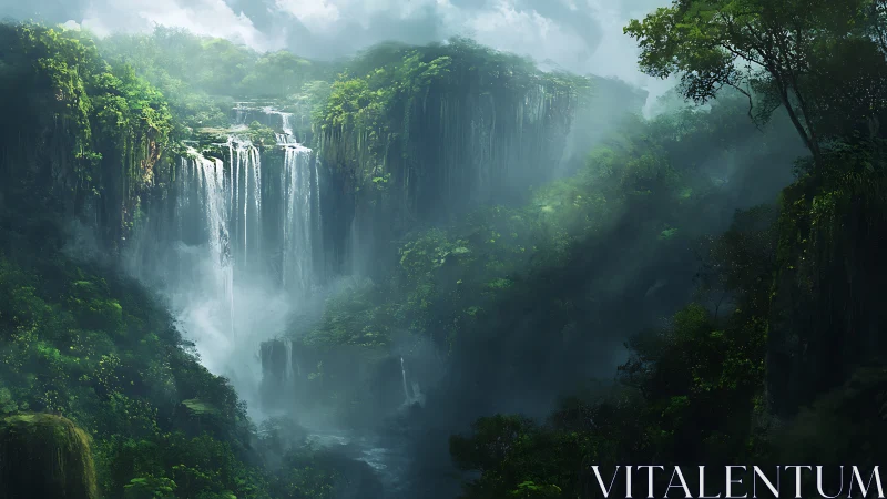 Cascading Waterfall Through Misty Green Canyon.