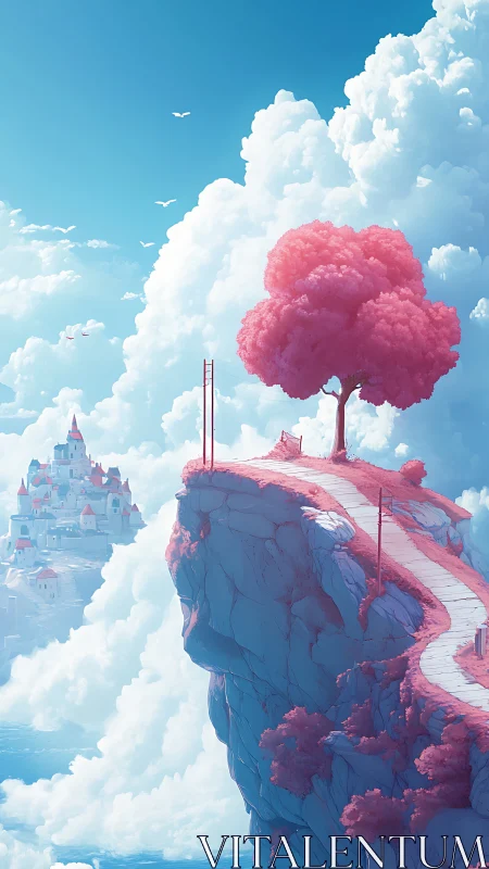 Daydream path to a pink tree above the cloud kingdom.