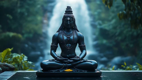 Meditating Shiva statue before blurred rainforest waterfall