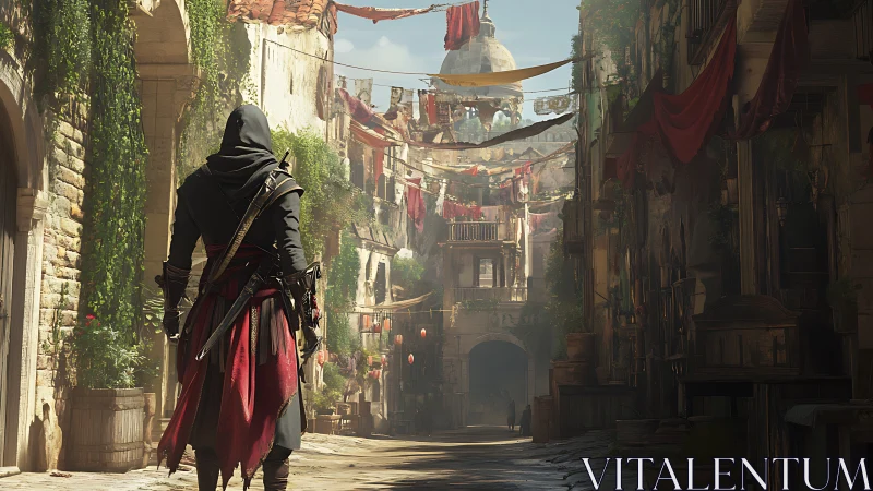 Hooded rogue in sunlit bazaar alleyway of worn stone.