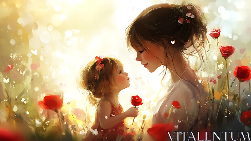 Woman and child in rose garden with golden light