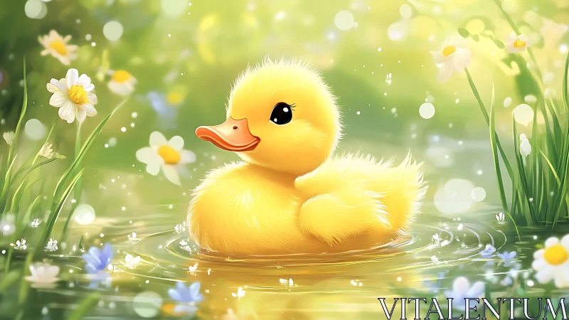 Yellow duckling floats in shallow pond amid spring flowers