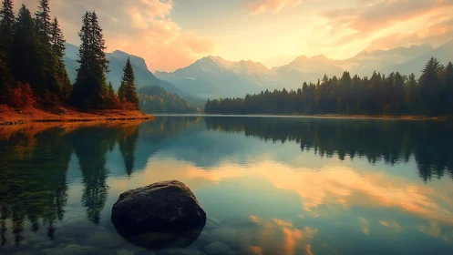 High-altitude conifer lake at sunrise with mirrorlike reflections