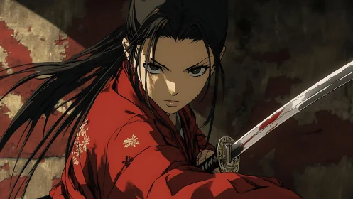 Scarlet kimono carves a silver arc through war stained dusk