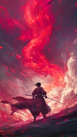 Lone samurai under swirling crimson firestorm sky.