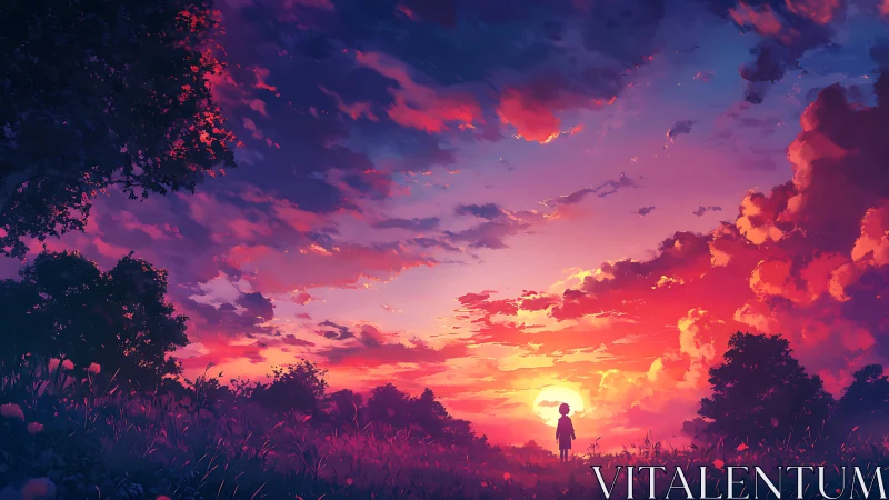 Chromatic stratocumulus sunset over silhouetted field observer.