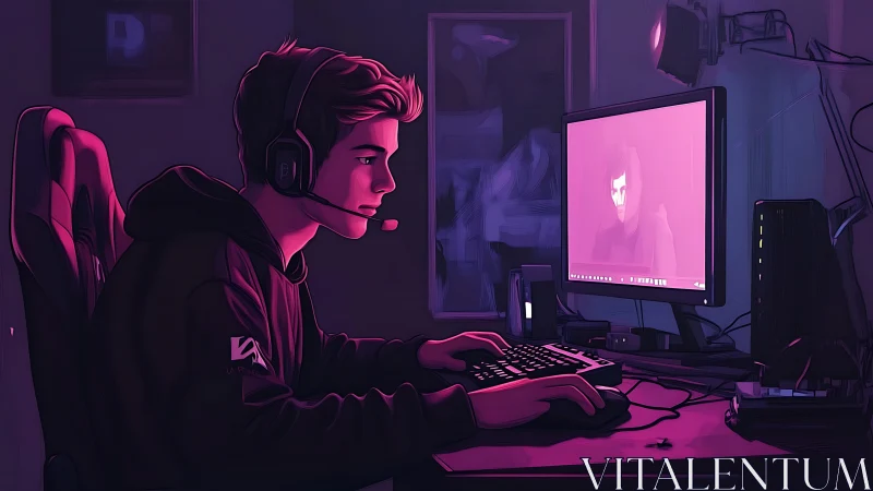 Neon-lit gamer carves focus from the glow of midnight screens