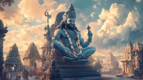 Majestic temple guardian sits in serene, golden evening light