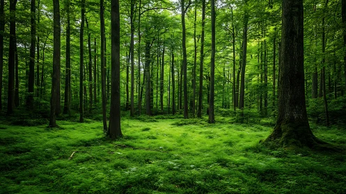 Lush green forest with tall trees in natural daylight, serene mood.