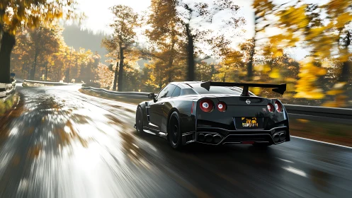 Black sports coupe on wet forest road in autumn light.