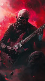 Skeletal guitarist in dark suit against red abstract backdrop.