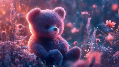 Soft teddy bear in glowing pastel meadow at twilight.