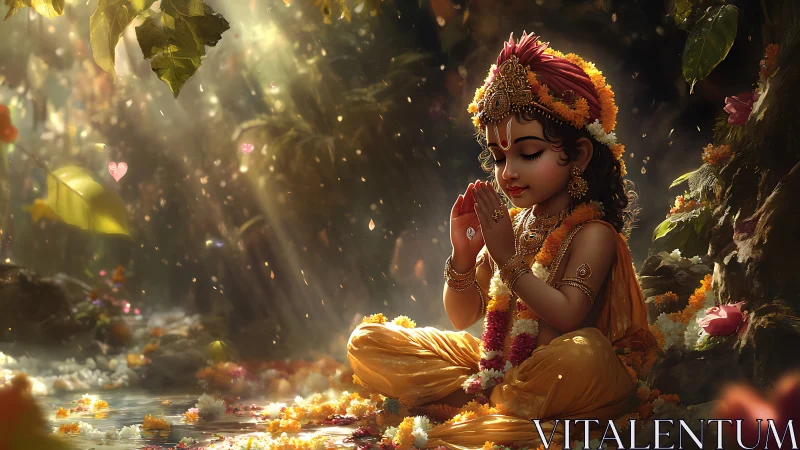 Gentle child deity sits in golden forest light and prays softly