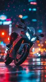 Neon drenched sport bike carving through a rainy city street.