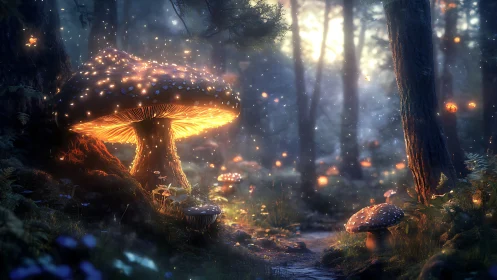 Glowing mushrooms and forest path under soft dusk light.
