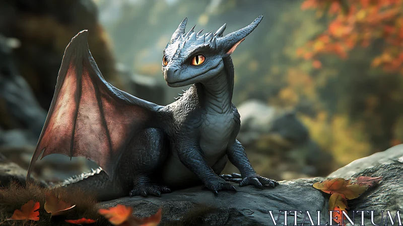 Young blue dragon resting on rock in autumn forest.