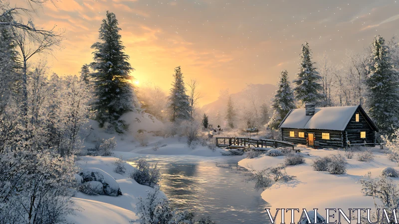 Winter cabin glows beside a pearl-bright, frozen river sunset.