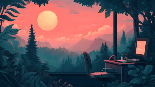 Digital workstation overlooks stylized forested mountain sunset