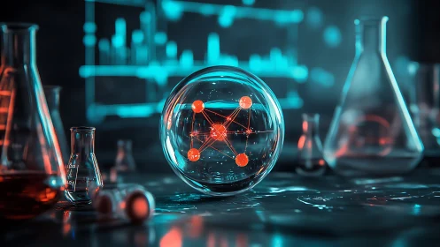 Neon atom oracle under glass in a glowing sci‑fi lab.