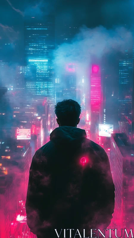 Silhouetted figure overlooking neon cyberpunk cityscape.