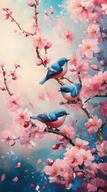 Blue songbirds on blooming cherry branches in springtime.