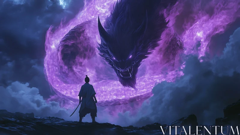 Swordsman facing large purple spectral wolf in clouds.