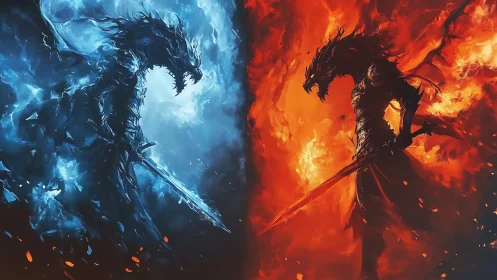 Elemental dragon knights in opposing blue and red flames.