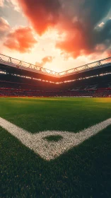 Sunlit football stadium corner awaits the evening kickoff