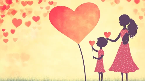 Silhouetted Mother and Children Releasing Heart-Shaped Balloon.