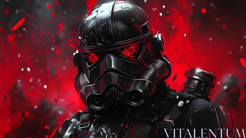 Armored sci fi soldier amid intense red energy field.