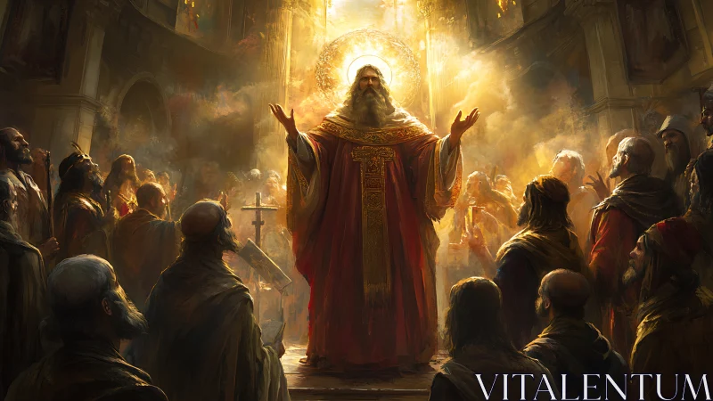 Central robed figure addresses gathered crowd in lit interior