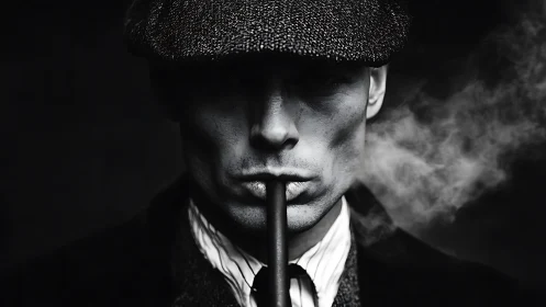 Moody noir portrait with smoldering cigar smoke rising