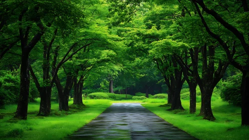 Symmetric tree-lined asphalt path under diffuse forest canopy.