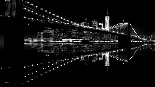 Night bridge and city skyline form mirrored linear composition