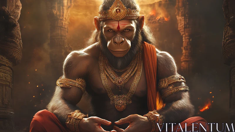 Simian warrior-priest holds molten calm inside burning temple