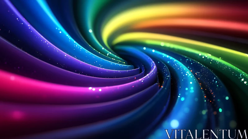 Chromatic vortex with luminous spiral ribbons and particles.