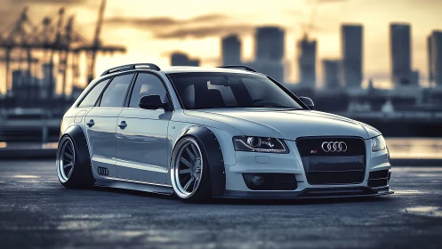 Lowered white Audi wagon rests by harbor at golden sunset