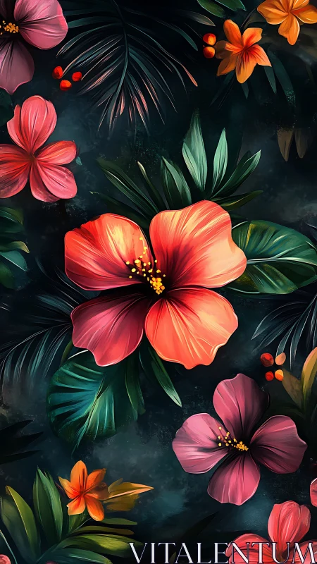 Digital Botanical Illustration: Luminous Hibiscus and Tropical Flora with Dark Tonal Background