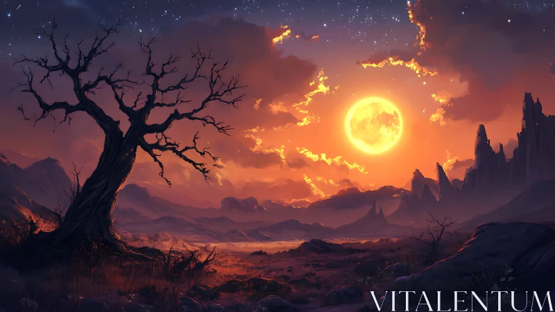 Sunset desert valley with lone tree and glowing full moon.