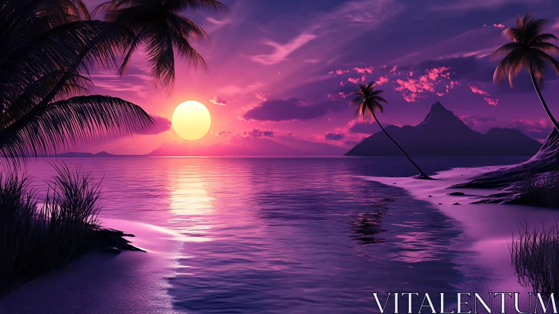 Neon sunset illuminates tropical shoreline with reflective lagoon