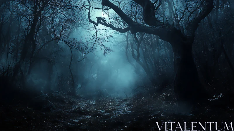 Dark misty forest path under eerie blue moonlight night.