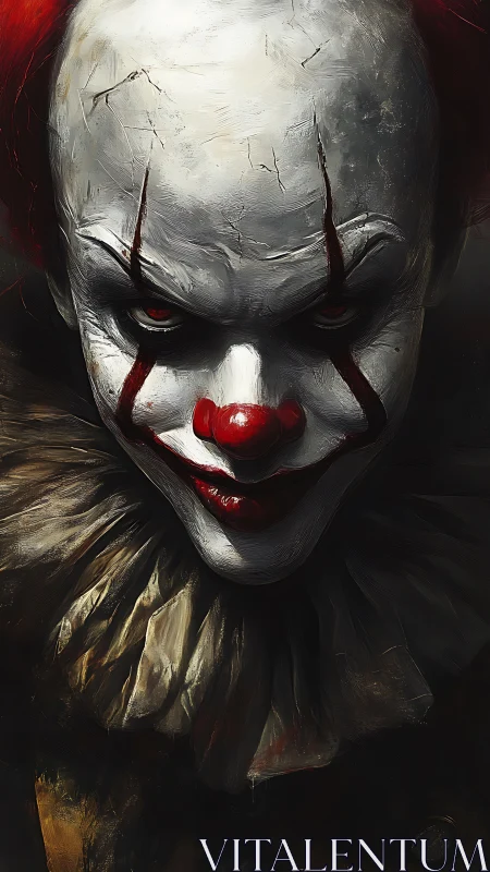 Sinister clown portrait with cracked white face paint.