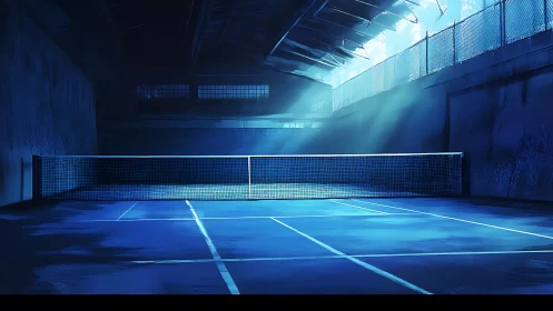 Indoor tennis court under directional blue roof lighting.