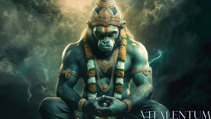 Hybrid simian deity figure sits centrally in digital render