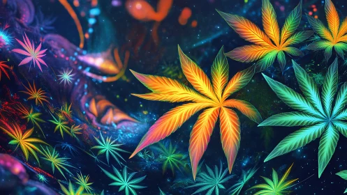 Neon cannabis leaves float over dark abstract cosmic background